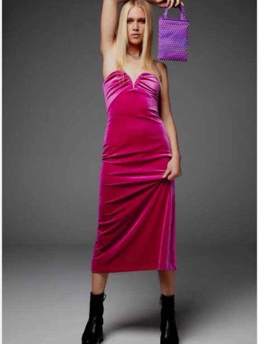 Zara Strapless Velvet Midi Dress in Fuchsia
